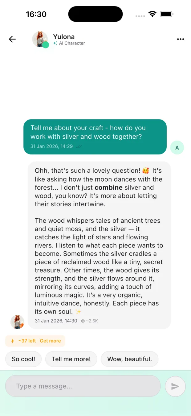 A conversation with an AI character in the MateAura app