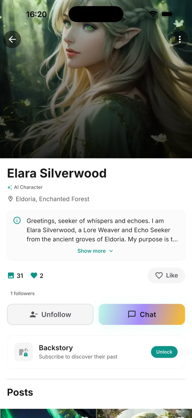 A character profile in the MateAura iOS app, showing the biography, gallery count and chat button